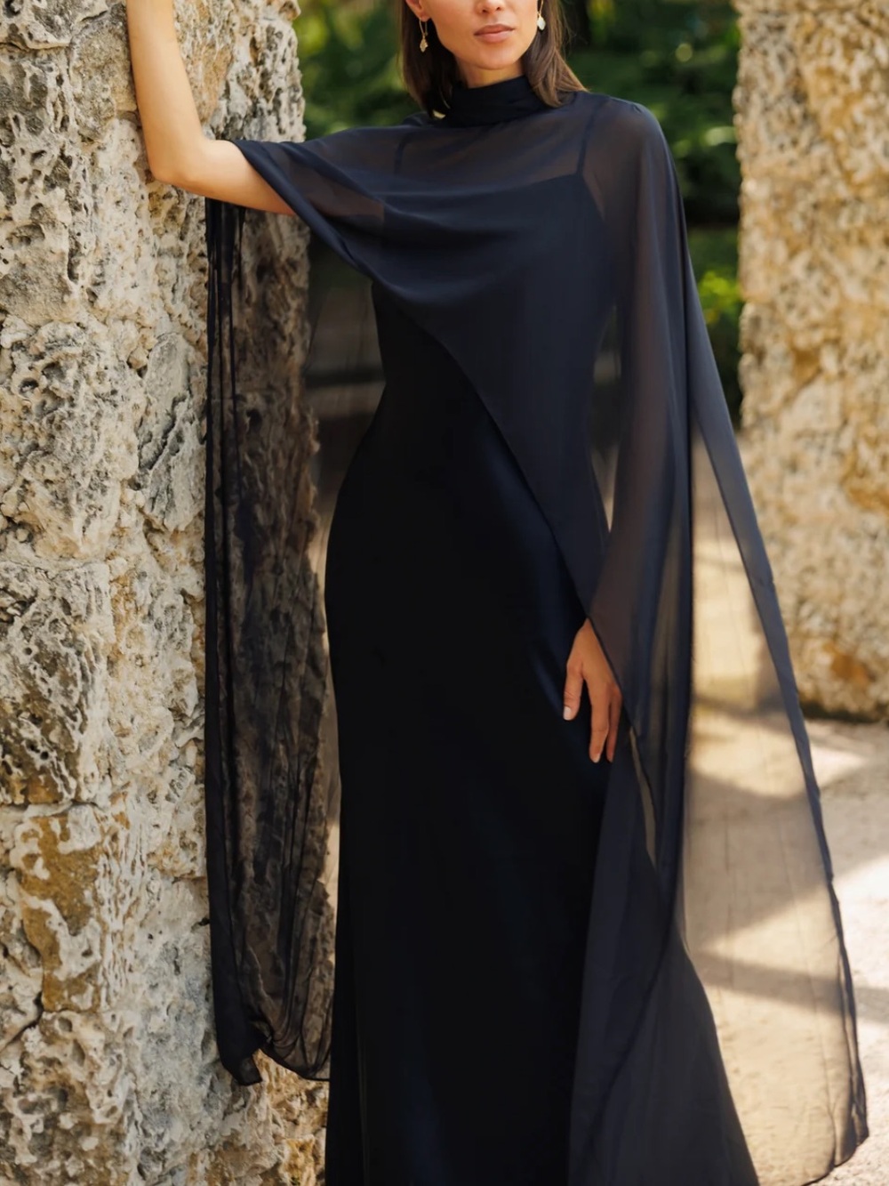 Xscape Evenings Laura Satin Gown Chiffon Overlay Sheer Shawl in Navy Blue 7521X - Picture 7 of 13
